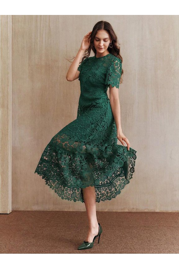 Emerald Green Lace Midi Dress With Short Sleeve And Ruffled Hem