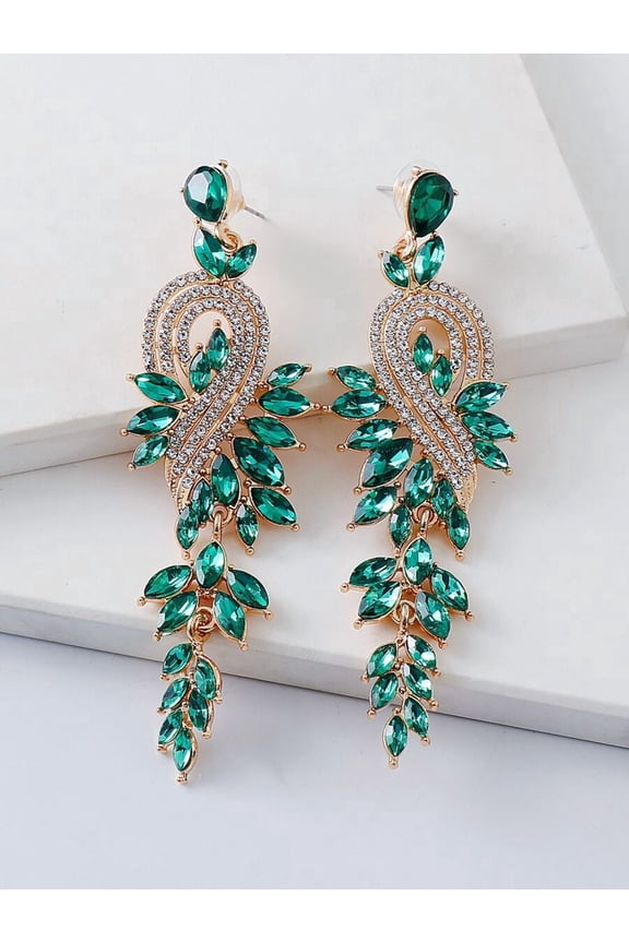 Emerald Green Leaf Vine Chandelier Drop Earrings With Rhinestone Accents