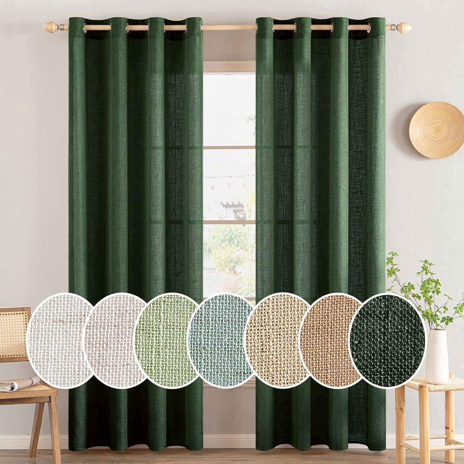 Emerald Green Linen Curtains 96 Inches Long 2 Panels for Bedroom Living