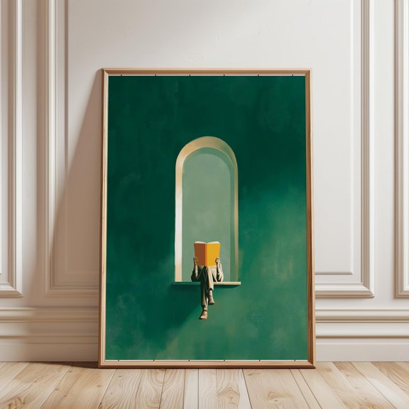 Emerald Green Man Reading Poster Green Wall Art Library Book Lover Gifts , Poster Print Only