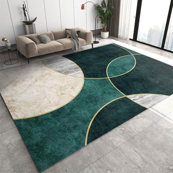Emerald Green Marble Area Rug 4x8ft Light Luxury Geometry Art Home Decor Rugs Easy Care Non-Slip Flannel Carpet for Living Room Bedroom Decor Mats
