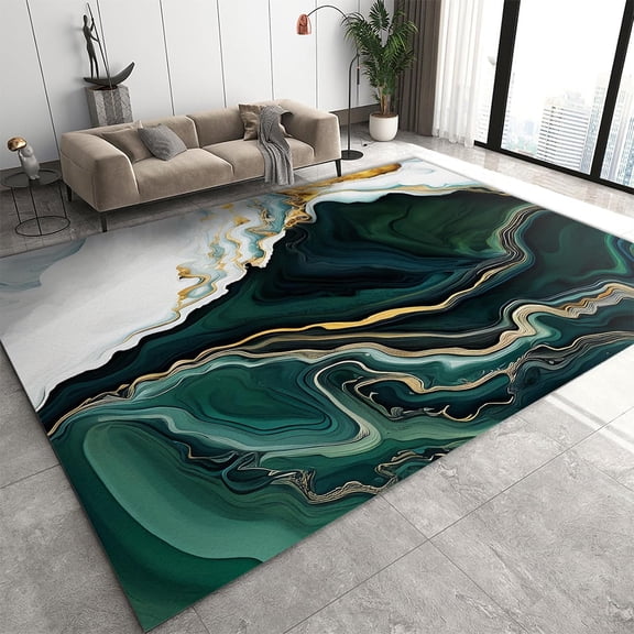 Emerald Green Marble Area Rug, Colorful Swirl Marble Texture Small Rugs, Washable Breathable Carpet for Front Entrance Floor Decor 5' x 7'