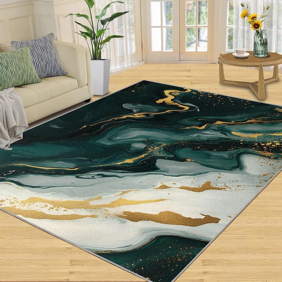 Emerald Green Marble Area Rug, Green Gold Modern Washable Rug, Non Slip Low Pile Carpet for Living Room Bedroom Home Decor 2x3ft