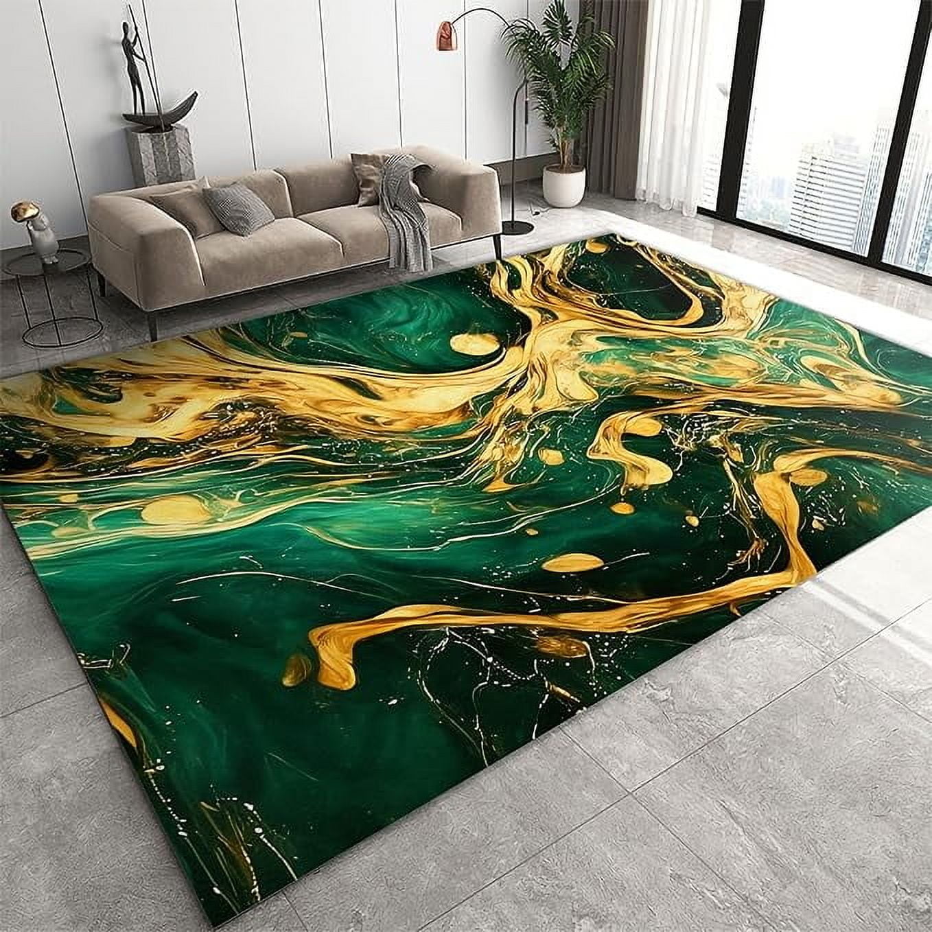 Emerald Green Marble Area Rug, Luxurious Green Gold Fluid Texture Art ...
