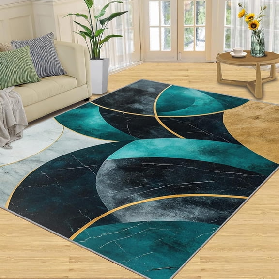 Emerald Green Marble Area Rug, Luxury Modern Geometric Washable Rug, Non Slip Low Pile Carpet for Living Room Bedroom Home Decor 2x3ft
