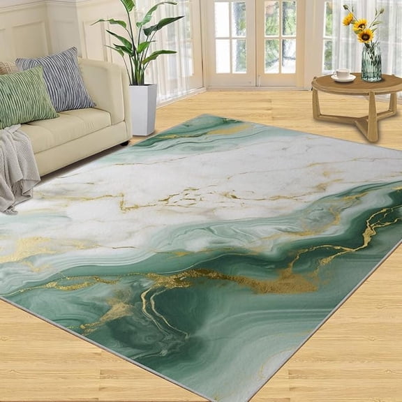 Emerald Green Marble Area Rug, Modern Abstract Gilded Marble Area Rugs, Light Luxury Gold Texture Washable Rugs for Living Room Bedroom Office Home Rug 5 x 6ft