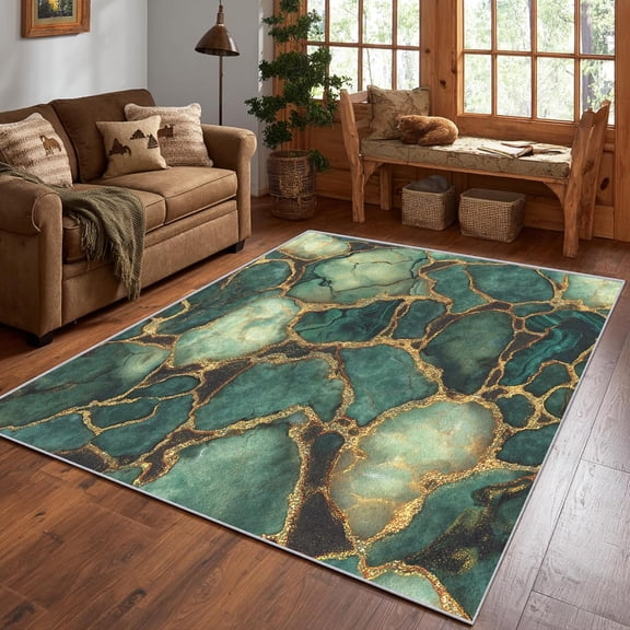 Emerald Green Marble Area Rug, Natural Stone Pattern Carpet, Washable Non Slip Low Pile Soft Thin, Living Room Bedroom Home Decor Mat 5x8ft