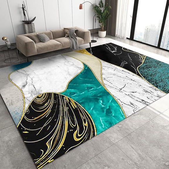Emerald Green Marble Area Rugs, Black And White Turquoise Golden Curved Line Art Non-Slip Rug, Washable Rug Pattern Clear Comfortable Feet Apply To Living Room Bedroom 4x5ft