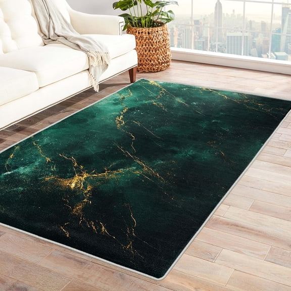 Emerald Green Marble Area Rugs, Gold Abstract Pattern Carpet, Washable Non Slip Low Pile Soft Rug for Living Room Bedroom Decor Mat 4x5ft
