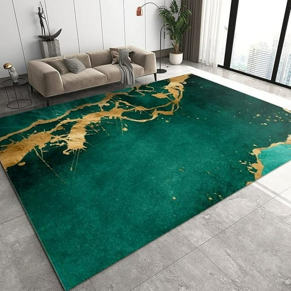 Emerald Green Marble Area Rugs, Luxurious Golden Oil Painting Doodle 3D ...