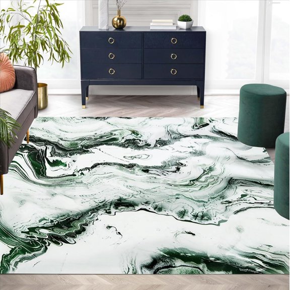 Emerald Green Marble Area Rugs, Minimalist Liquid Art Design Carpet, Washable Non Slip Low Pile Rug for Living Room Bedroom Dining Room Playroom Decor Mat 5x8ft