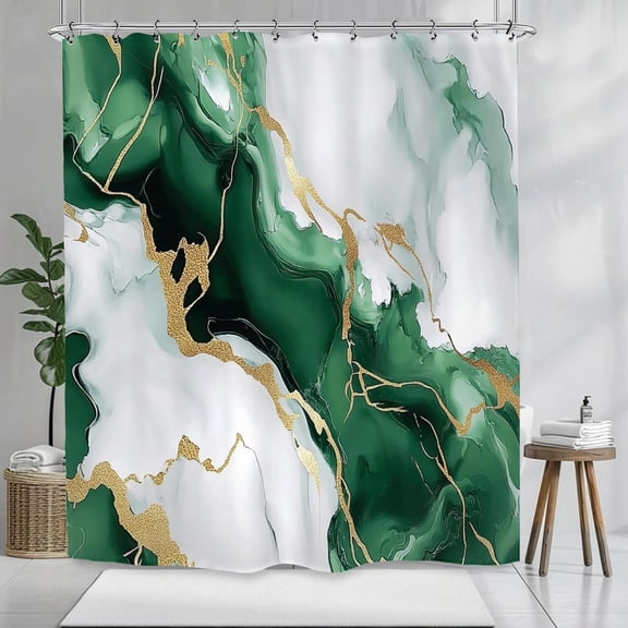 Emerald Green Marble Art Shower Curtain Abstract Modern Contemporary Polyester Bathroom Set Accessories Decor with Hooks 72"W x 84"L (Pack of 1)