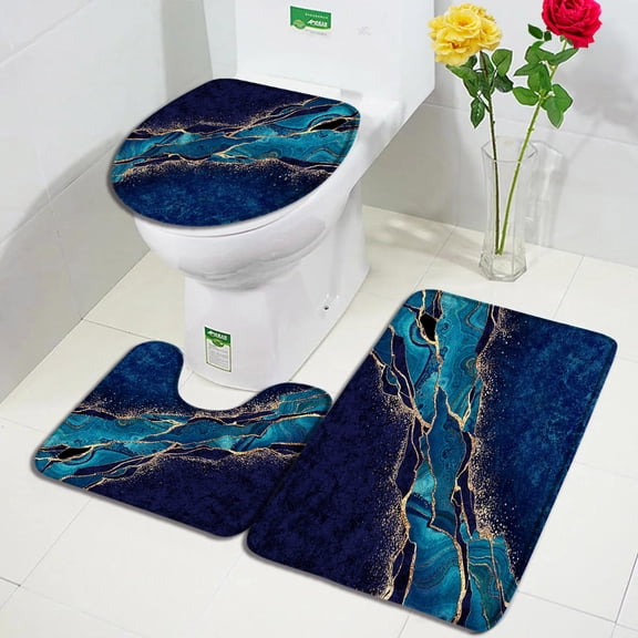 Emerald Green Marble Bath Mat Set Gold Line Black Textured Pattern Modern Geometric Bathroom Decor Non-slip Rug Toilet Lid Cover