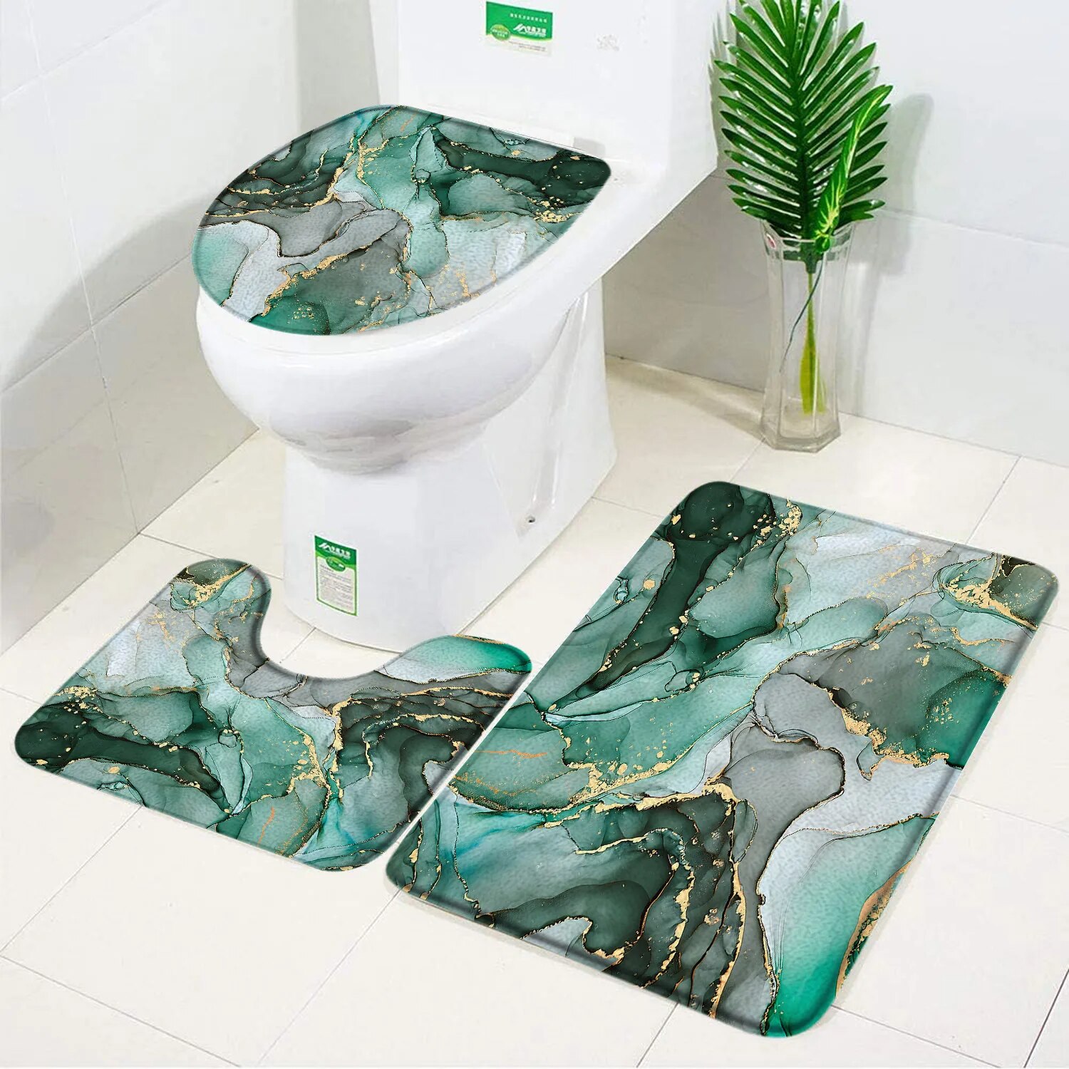Emerald Green Marble Bath Mat Set Gold Line Black Textured Pattern ...