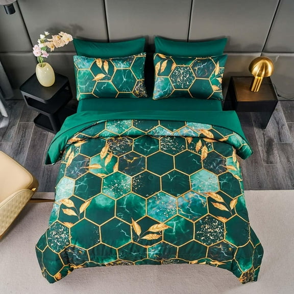 Emerald Green Marble Comforter Set Queen 7Pcs Geometric Hexagon with Gold Leaf Bedding