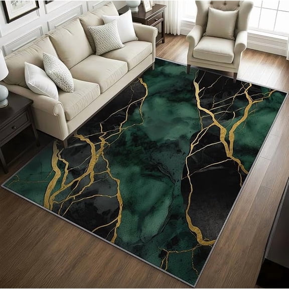 Emerald Green Marble Rugs for Bedroom -Agate Marble Rug, Abstract Luxury Washable Rugs for Living Room, Emerald Green and Gold Area Rug for Bedroom, Modern Home Decor & Gifts 4 x 5ft