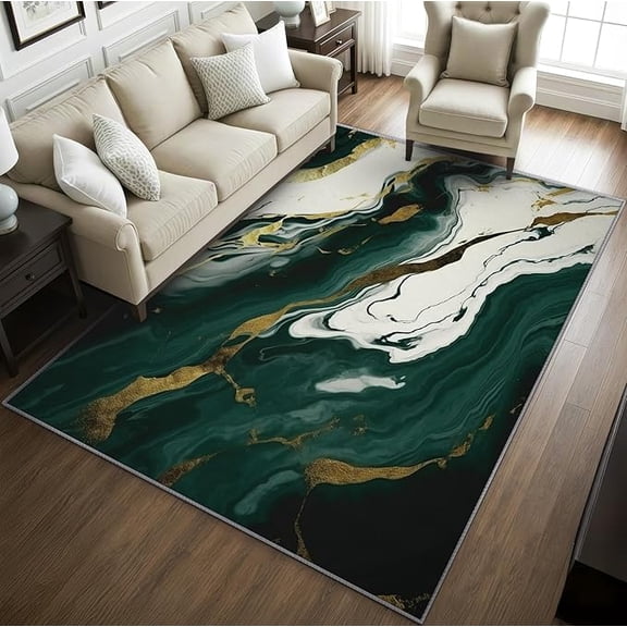 Emerald Green Marble Rugs -Luxury Marble Rug, Emerald Green White Gold Washable Rugs for Living Room, Abstract Area Rug for Bedroom, Modern Swirl Home Decor & Gifts 5 x 8ft