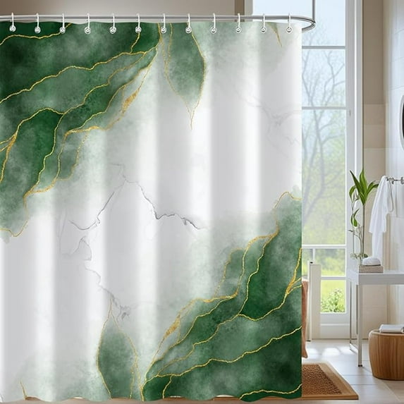 Emerald Green Marble Shower Curtain, Gold Modern Abstract Art Texture Bathroom Curtain, Polyester Fabric Waterproof Bath 48"W x 72"L