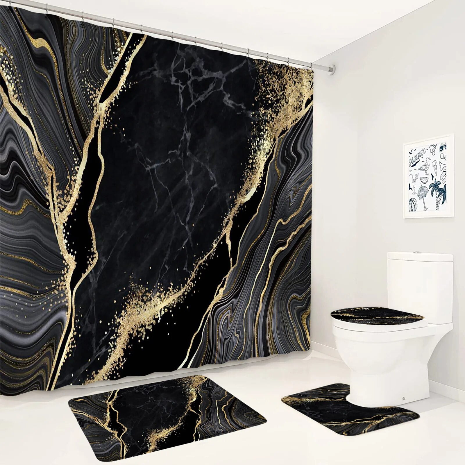 Emerald Green Marble Shower Curtain Set Luxury Gold Crack Black Texture