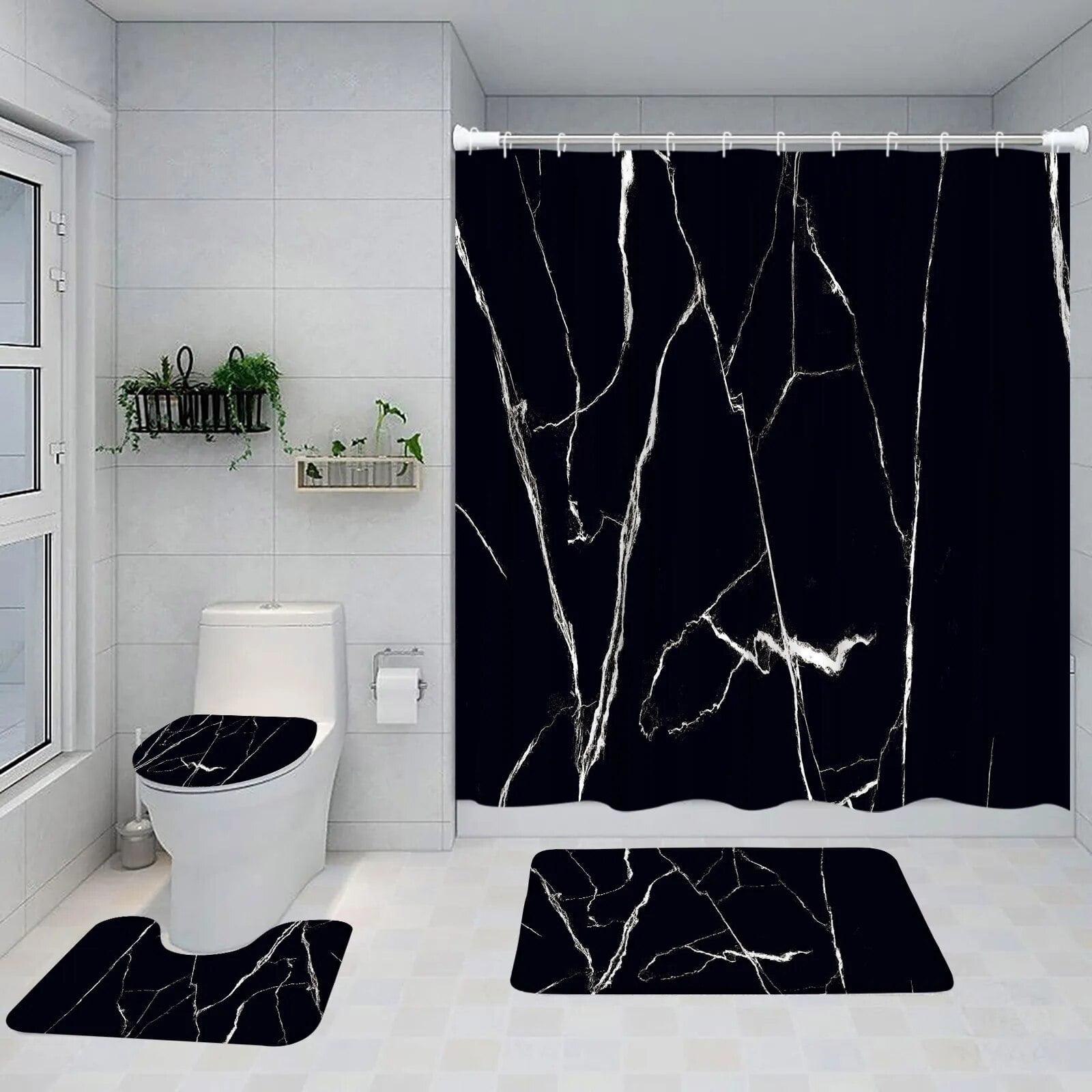 Emerald Green Marble Shower Curtain Set Luxury Gold Crack Black Texture