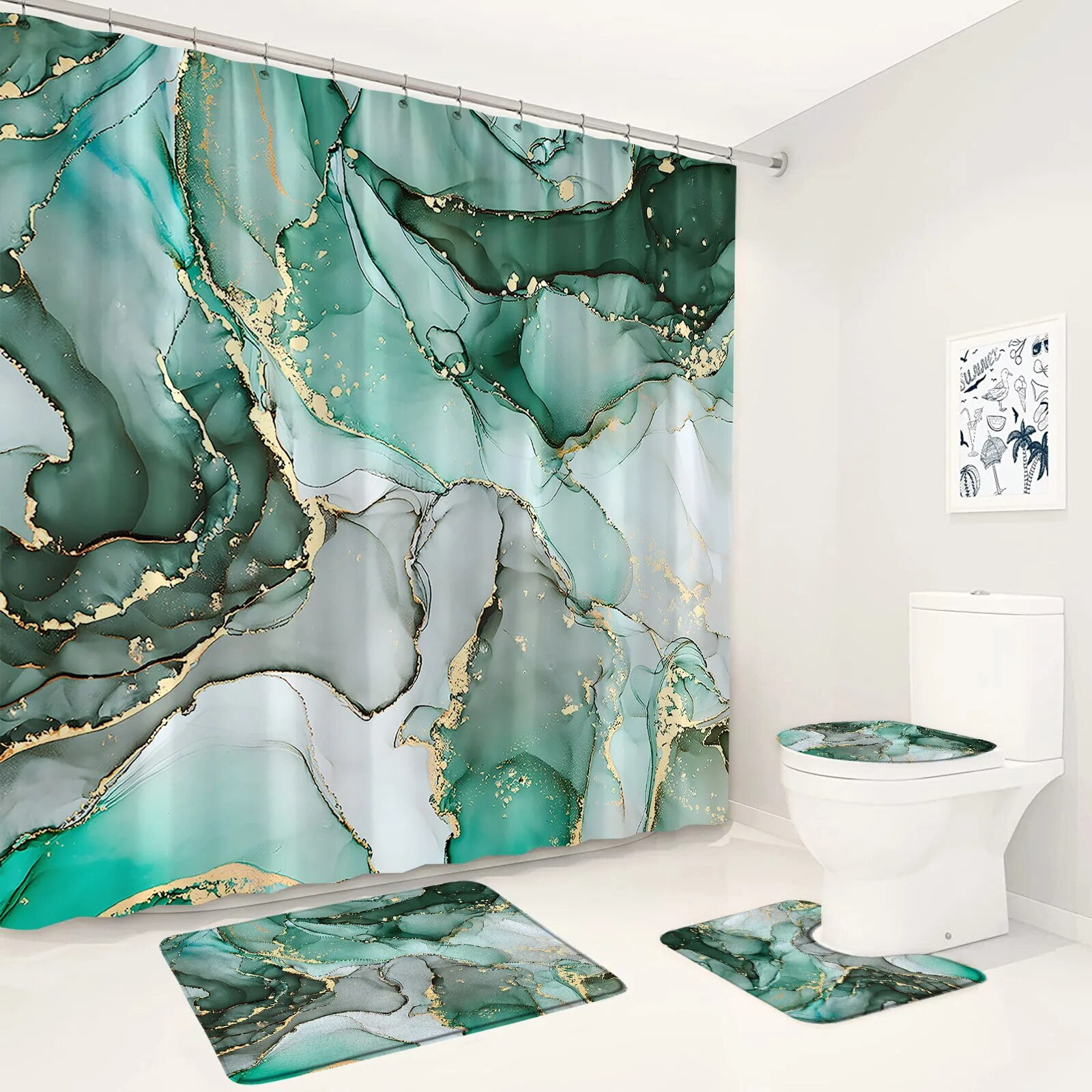 Emerald Green Marble Shower Curtain Set Luxury Gold Crack Black Texture