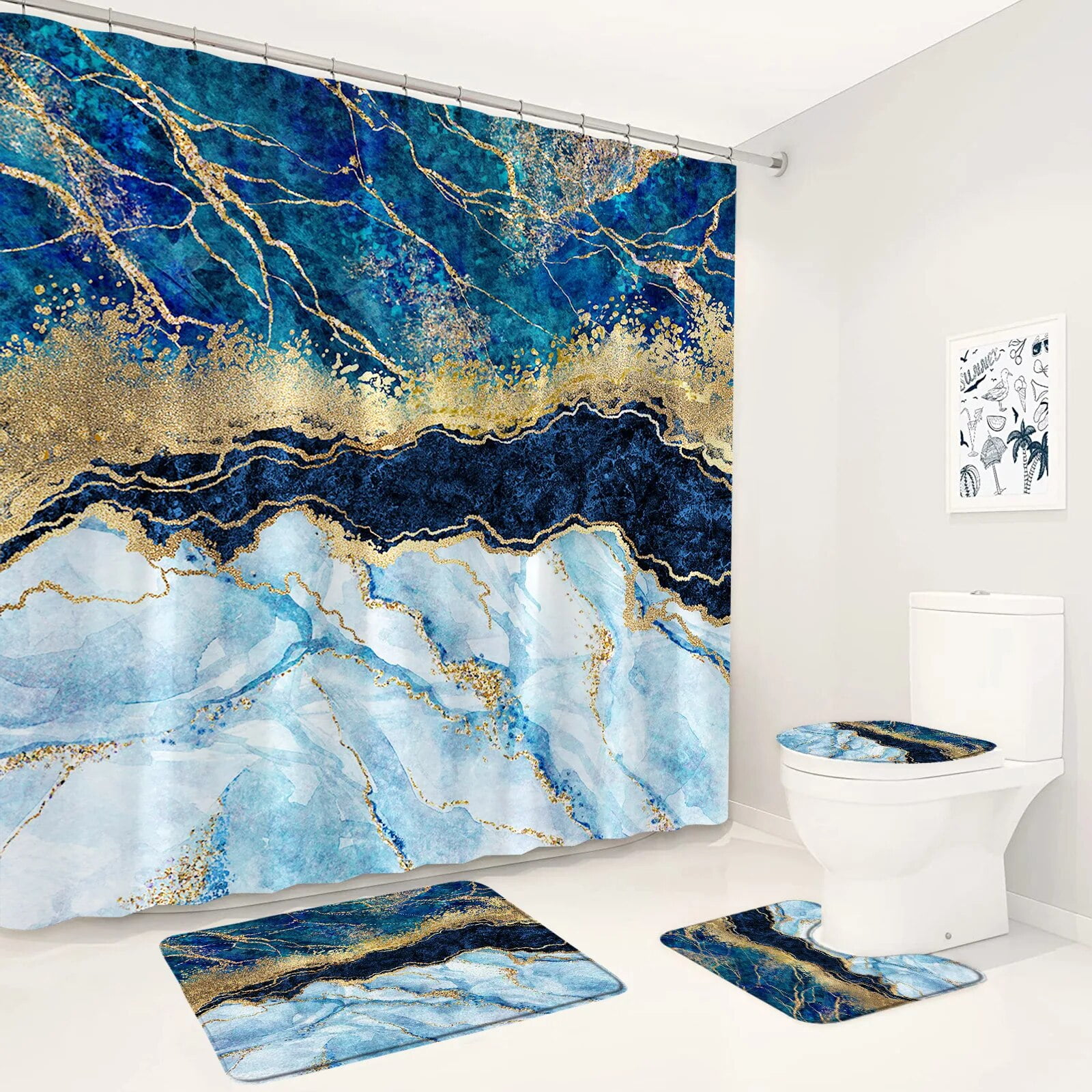 Emerald Green Marble Shower Curtain Set Luxury Gold Crack Black Texture