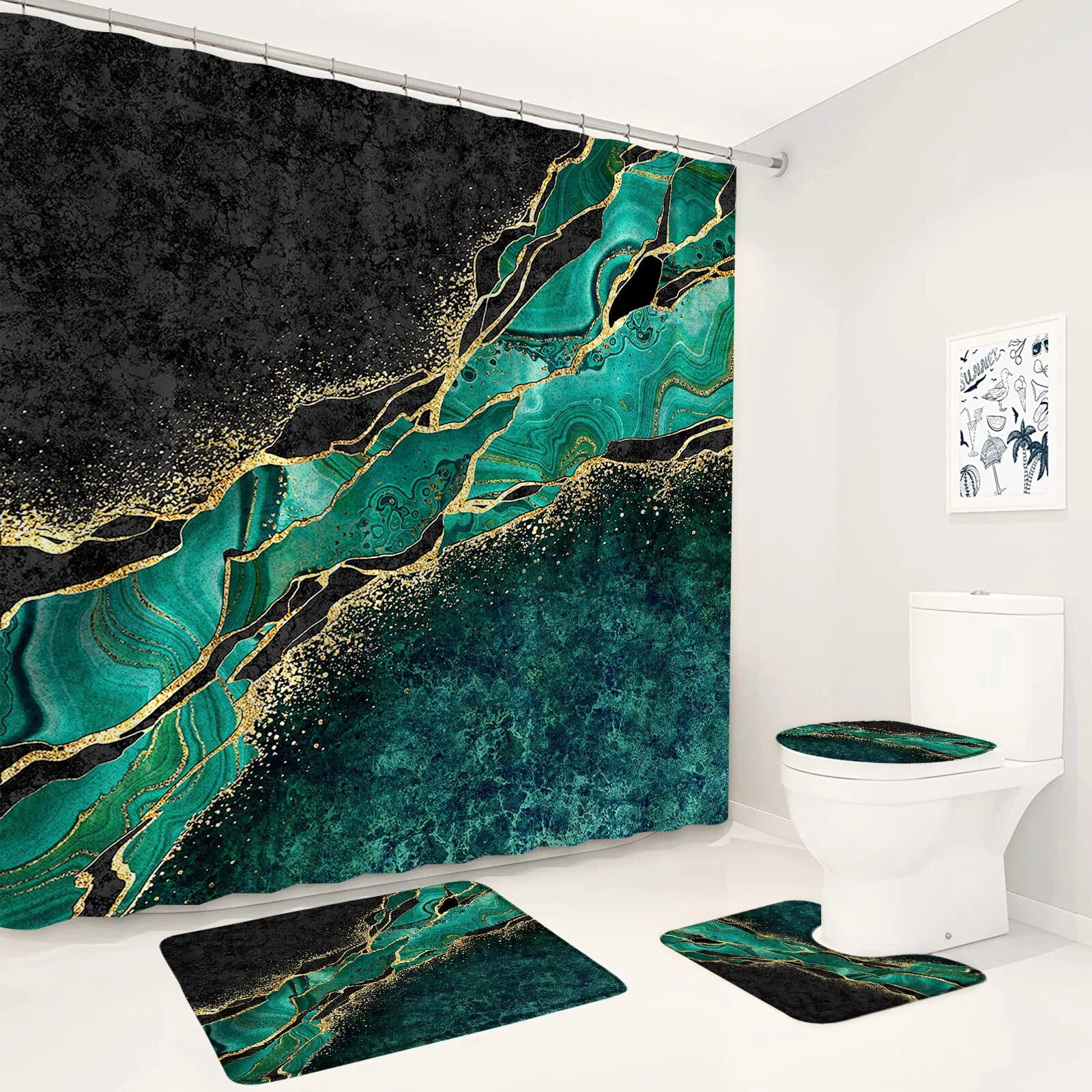 Emerald Green Marble Shower Curtain Set Luxury Gold Crack Black Texture