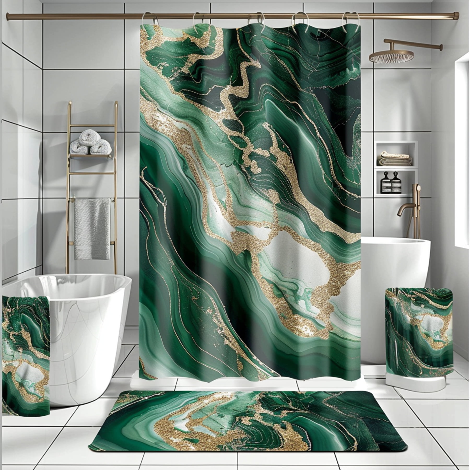 Emerald Green Marble Shower Curtain Set with Gold Veins and White