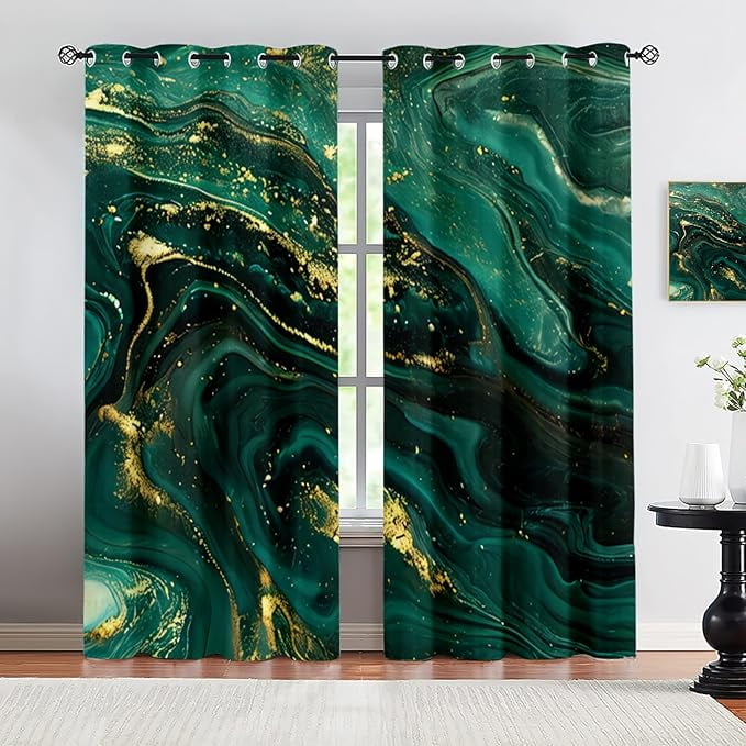 Emerald Green Marble Texture 3D Eyelet Blackout Curtains, Abstract Gold ...