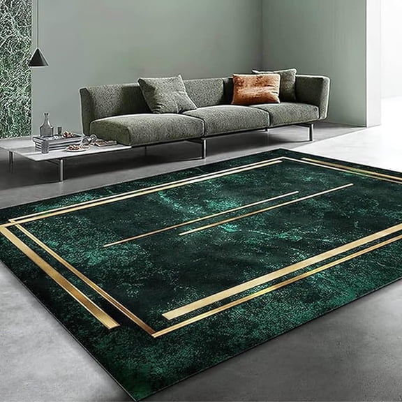 Emerald Green Marble Texture Area Rug, Luxurious Golden Square Frame Indoor Rugs, With Anti-Slip Backing Washable Carpet For Bathroom Bedroom Dining Room Living Room 2x3ft