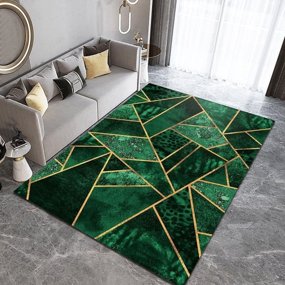 Emerald Green Marble Texture Room Area Rugs, Light Luxury Golden Irregular Lines Art Indoor Non-Slip Kids Rugs, Machine Washable Breathable Durable Carpet For Front Entrance Floor Decor