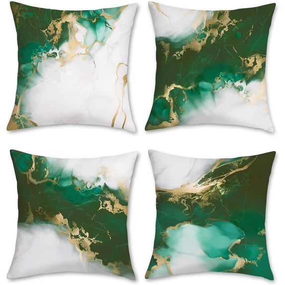Emerald Green Marble Throw Pillow Covers 18 x 18 Inch Both Sides Green and Gold Modern Abstract Decorative Pillows Soft Velvet Cushion Cases for Couch Sofa Bed Home Decor Set of 4