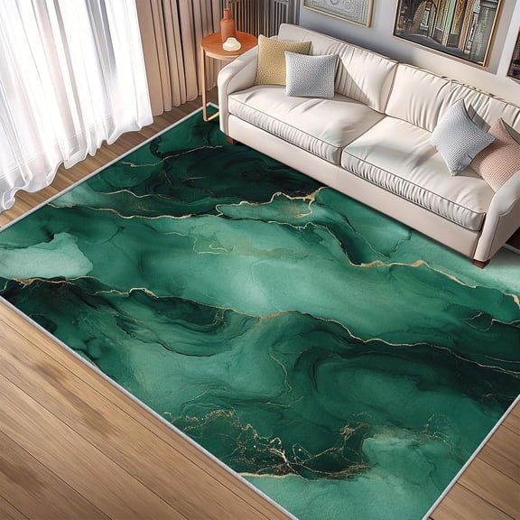 Emerald Green Marbled Area Rugs, Modern Abstract Pattern Carpet, Washable Non Slip Low Pile Soft Rug for Living Room Bedroom Decor Mat 4x6ft