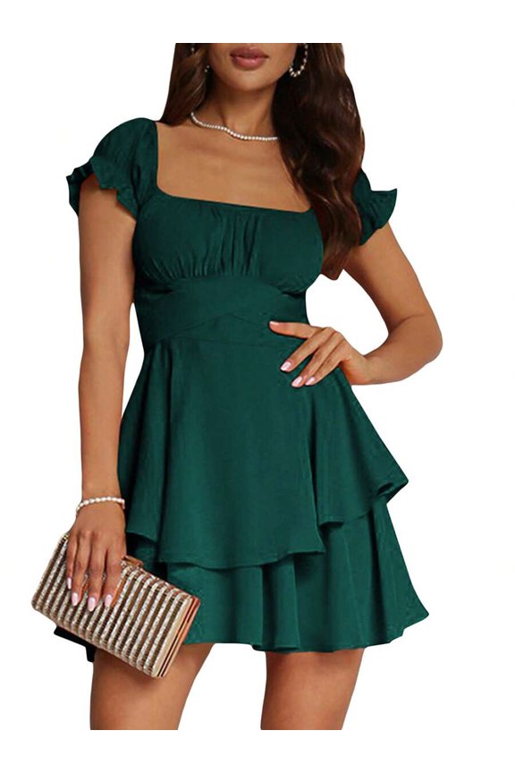 Emerald Green Mini A-Line Dress With Ruffled Cap Sleeves And Square Neck