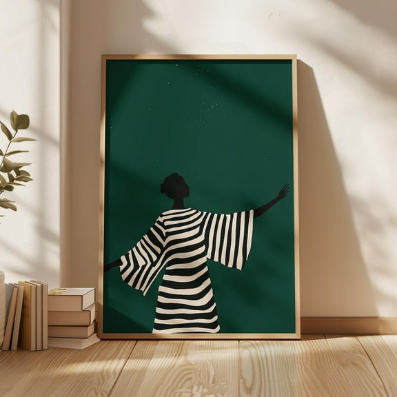 Emerald Green Minimalist Woman Print Contemporary Art Black And White Modern Stripe Art Abstract People Artwork Bold Female Print Wall Art, Modern Wall Decor, 8x12 UNFRAMED