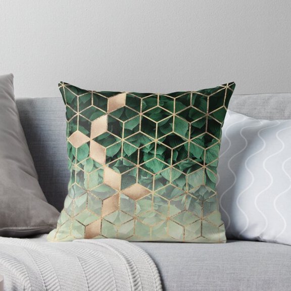 Emerald Green, Mint and Gold Geometric Cube Square Pillow Case, 100% Polyester Velvet, Ombre Home Decor