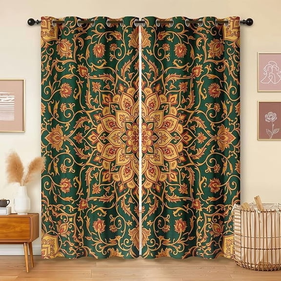 Emerald Green and Orange Bohemian Blackout Curtains, Vintage Floral Curtains for Bedroom Living Room Decor, Room Darkening Thermal Insulated Grommet Drapes 42"W x 108"L (Pack of 2)