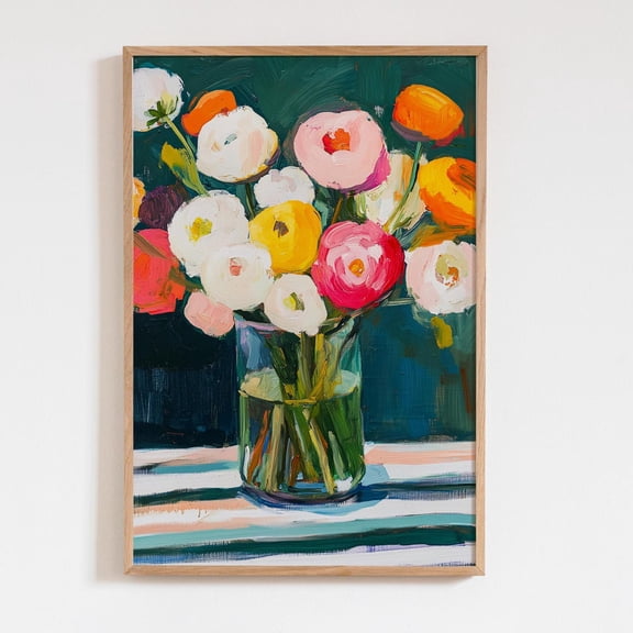 Emerald Green Orange Ranunculus Impressionist Floral Wall Art Print