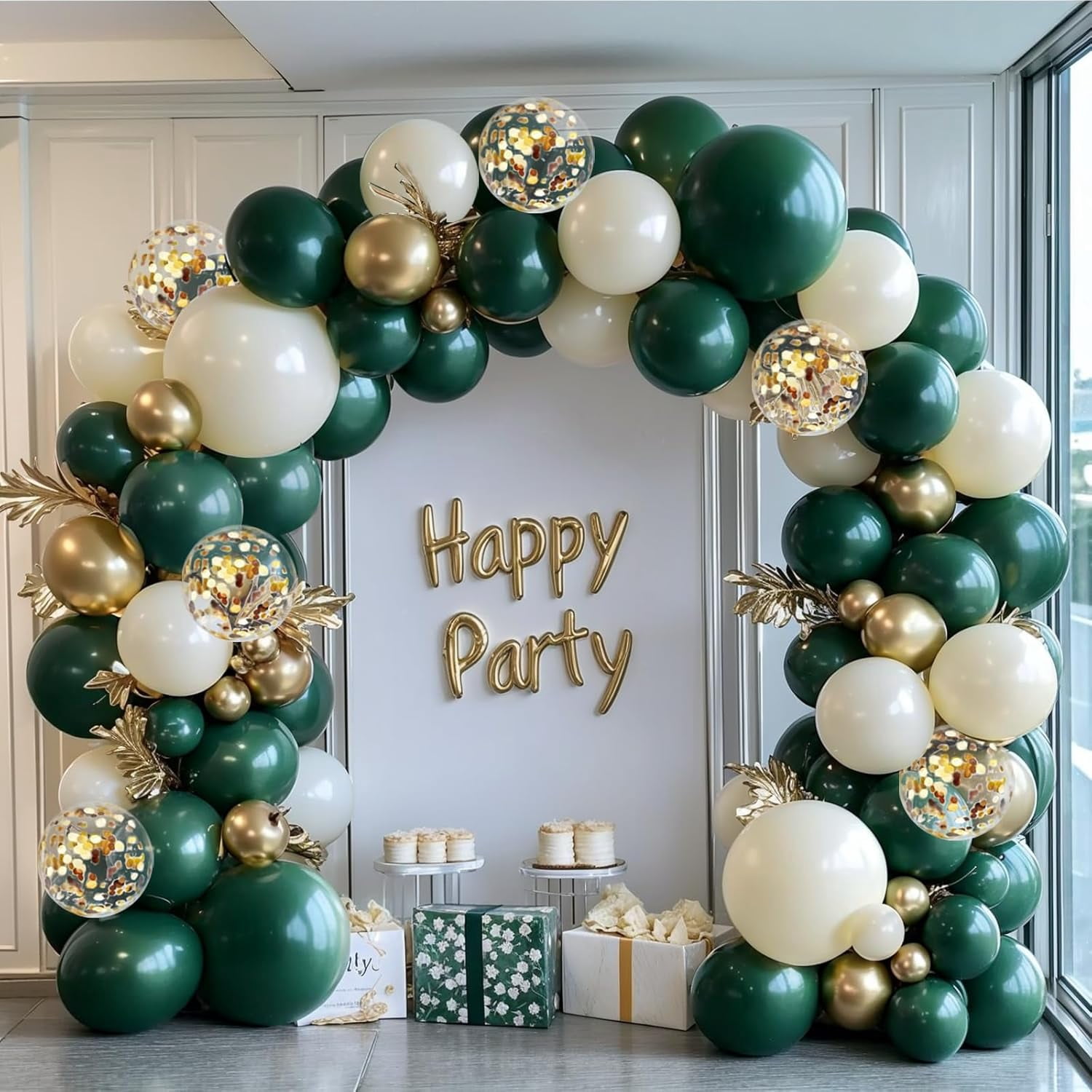 Emerald Green Pearl White Gold Balloons Arch Kit Double Stuffed Dark Green Light Pastel Sand Ivory White Metallic Gold Bobo Balloons for Wedding Baby Shower Birthday Party Decorations