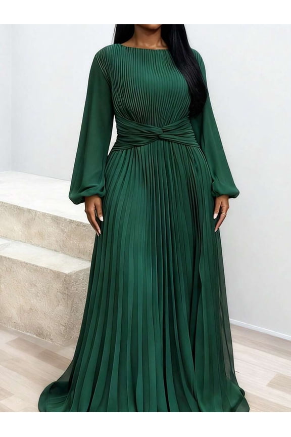 Emerald Green Pleated Maxi Dress With Crossover Waist And Long Sleeves, Elegant Evening Gown