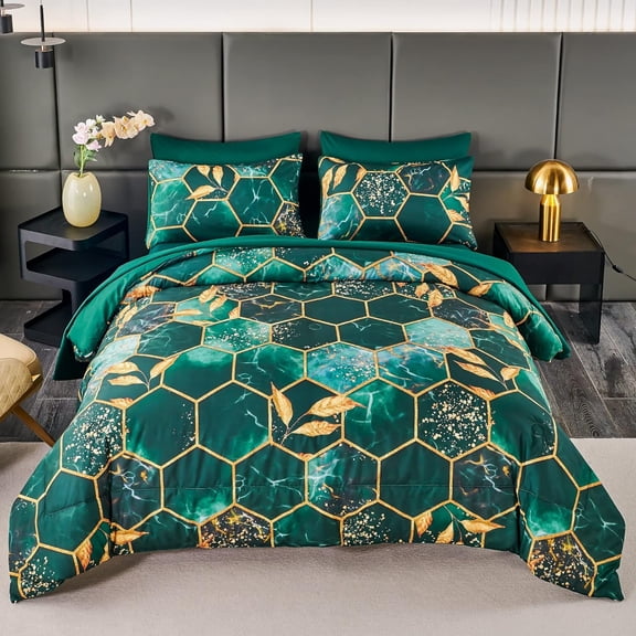 Emerald Green Printed Marble Comforter Set Queen, 7Pcs Geometric Hexagon Theme with Gold Leaf Bed in A Bag, Modern Foil Print Bedding Sets with Sheets Pillowcases (Green Queen)