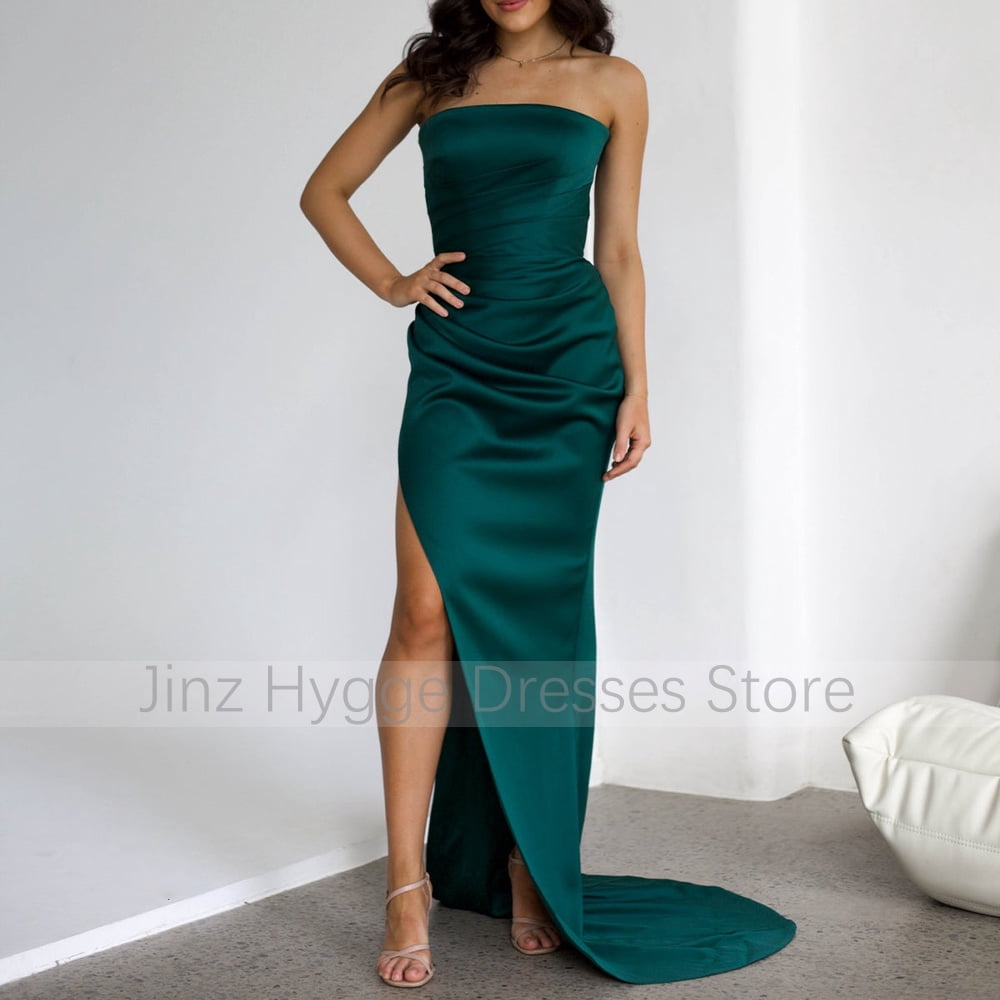 Emerald Green Prom Dresses Satin Strapless Side Split Elegant Women's — free download
