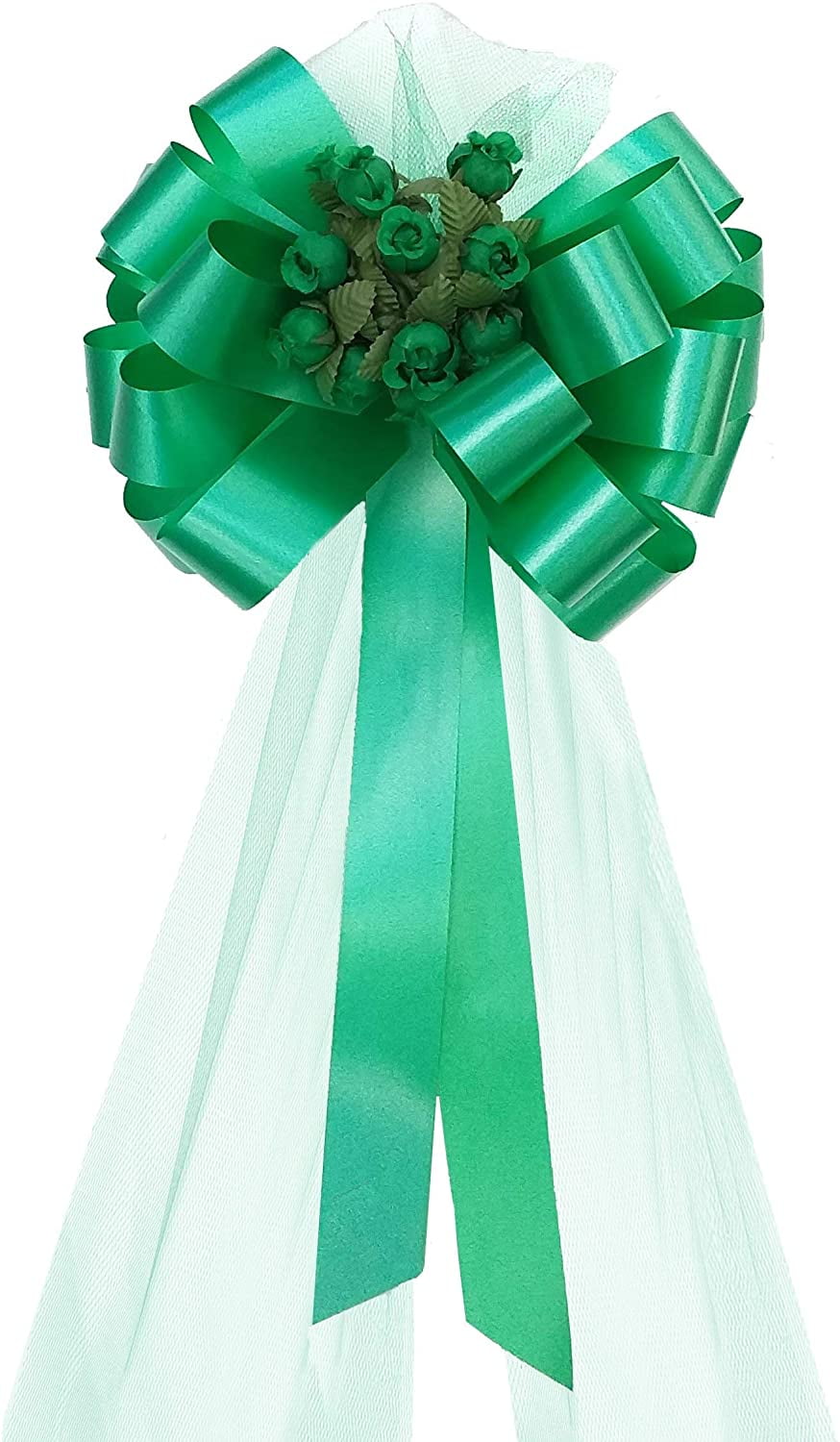 Emerald Green Pull Bows with Tulle Tails and Rosebuds - 8" Wide, Set of 6, Christmas, Wedding, St. Patrick's Day