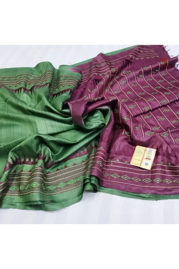 Emerald Green Pure Tussar Silk Embroidered Saree