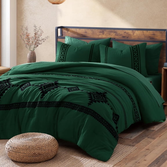 Emerald Green Queen(90"*90") Boho Farmhouse Western Embroidery Bedding Set
