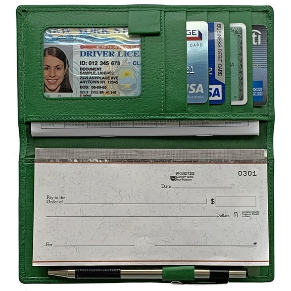Emerald Green RFID Leather Checkbook Cover With Credit Card Slots and Pen Holder