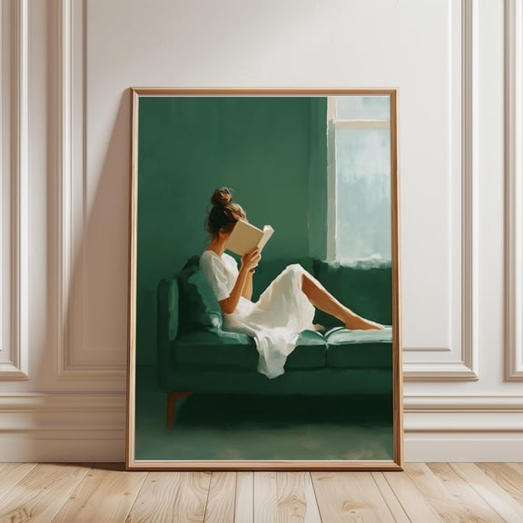 Emerald Green Reading Woman Print, Library, Minimalist Decor, Dopamine Decor, Reading Decor, Book Prints, Bookish Wall Art