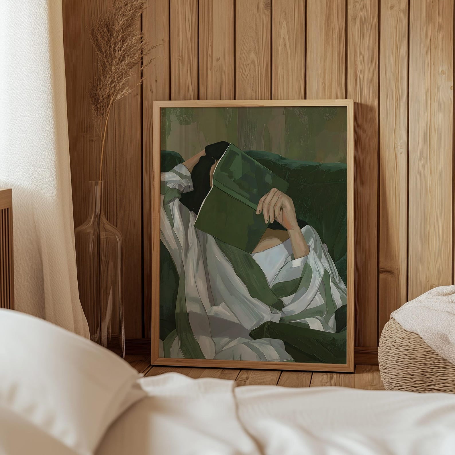Emerald Green Reading Woman Wall Art Large Abstract People Poster Cozy ...