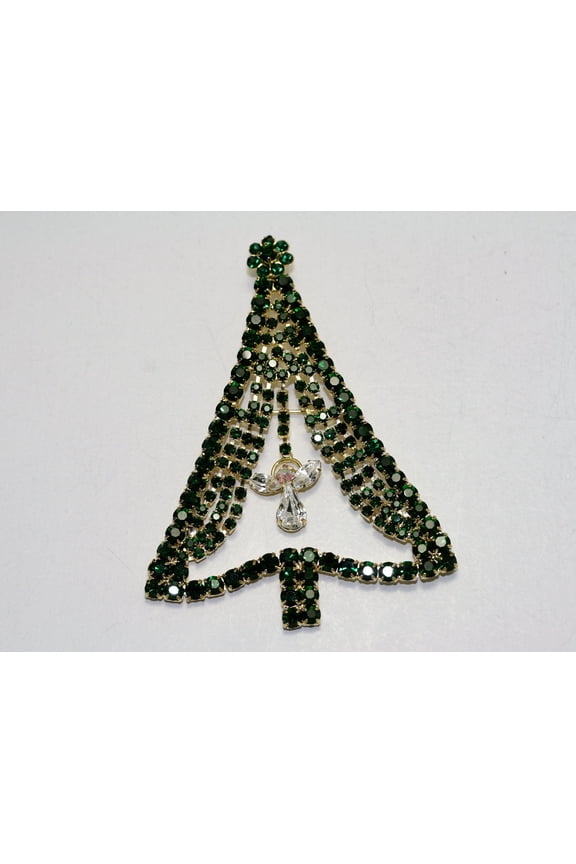 Emerald Green Rhinestone Christmas Tree Brooch Pin, Crystal Christmas Tree, Costume Holiday Jewelry Gift