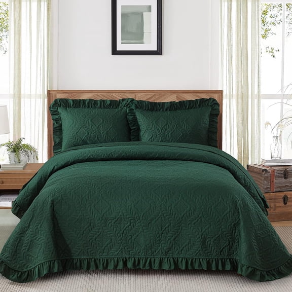 Emerald Green Ruffled Bedspreads Queen Size Coverlet Basket Weave Quilt Bedding Set for All Season 96"x90"